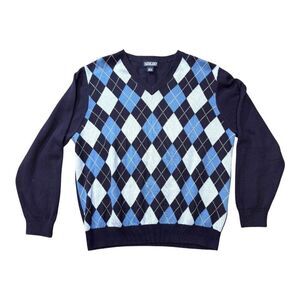 Lands End Mens Argyle Sweater Navy Blue & Light Blue Pattern Size L Golf Grandpa